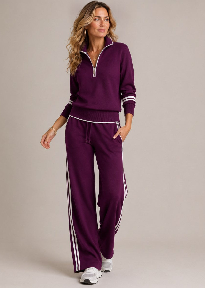 Ensemble Kate prune, pull demi-zip et pantalon large