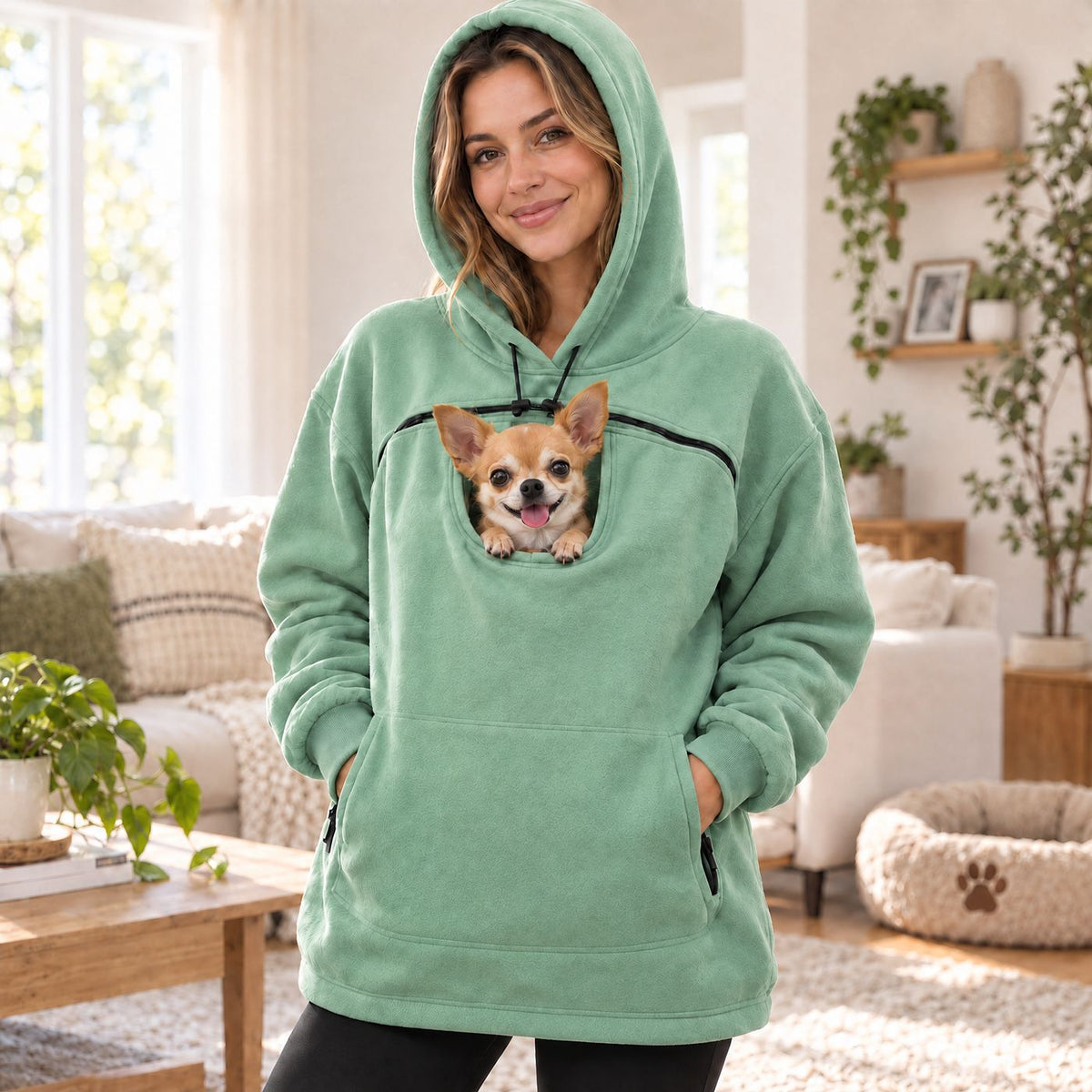 Sweat Câlin vert avec un petit chien dans la poche