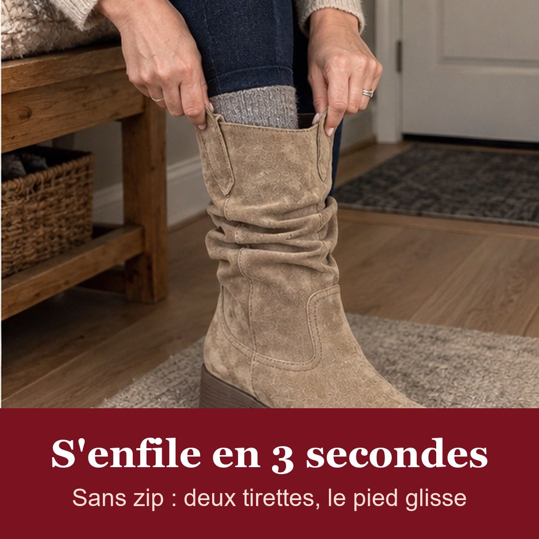 La botte Solène s'enfile sans zip grâce à ses tirettes